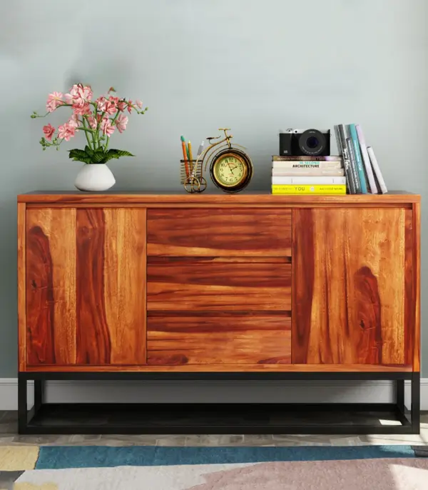 Roay Sheesham Wood Sideboard and Cabinet (Honey Finish)