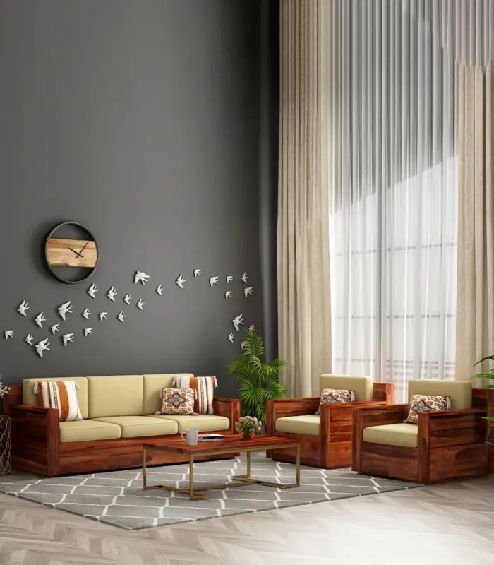 Merriott Sheesham Wood Sofa Set with 3+1+1 Seating (Honey Finish)