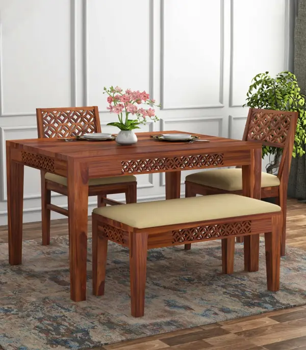 Clambrey Sheesham Wood 4 Seater Cushioned Dining Table Set with Bench (Honey Finish)