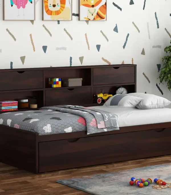Christon Sheesham Wood Single Bed with Trundle Bed (Walnut Finish)
