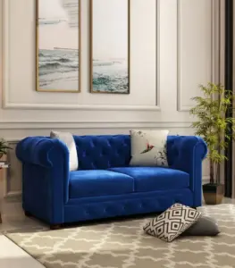 Henray Mango Wood Frame with Valvet Cushion 2 Seater Sofa (Indigo Blue)