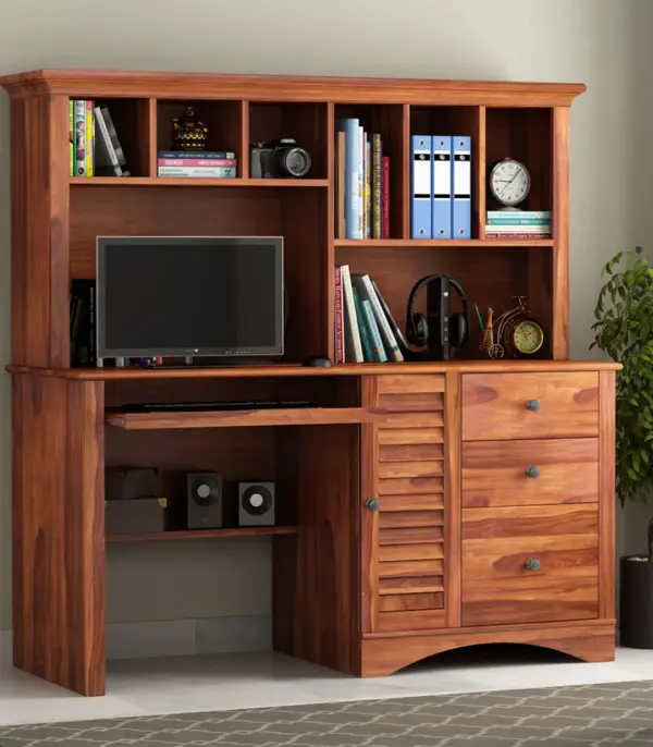 Jorold Sheesham Wood Computer Table with Storage Cabinet and Shelves (Honey Finish)