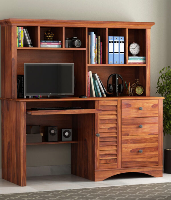 Jerold Study Table with Storage Cabinet and Shelves (Honey Finish)