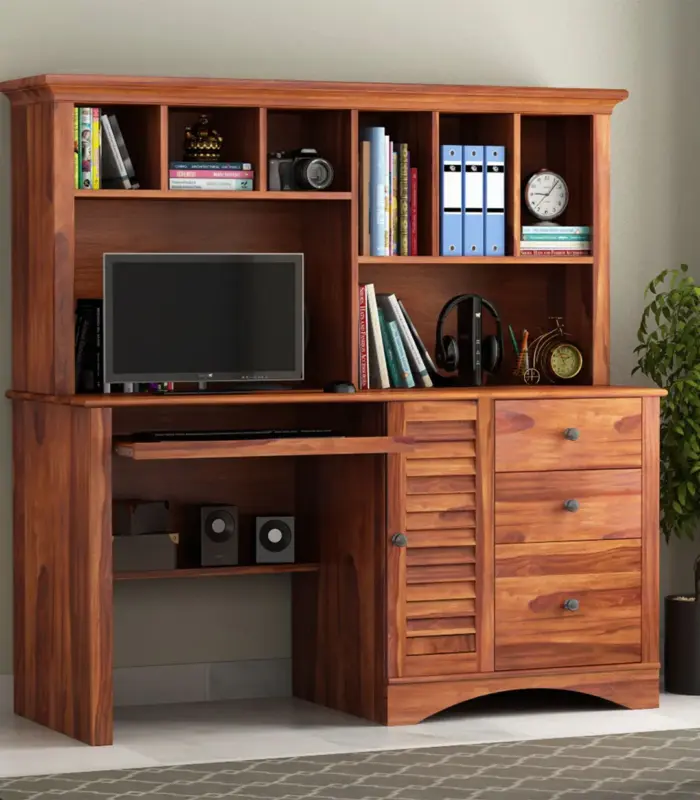 Jorold Sheesham Wood Computer Table with Storage Cabinet and Shelves (Honey Finish)