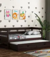 Slumbet Sheesham Wood Single Bed with Trundle Bed with Drawer Storage (Walnut Finish)