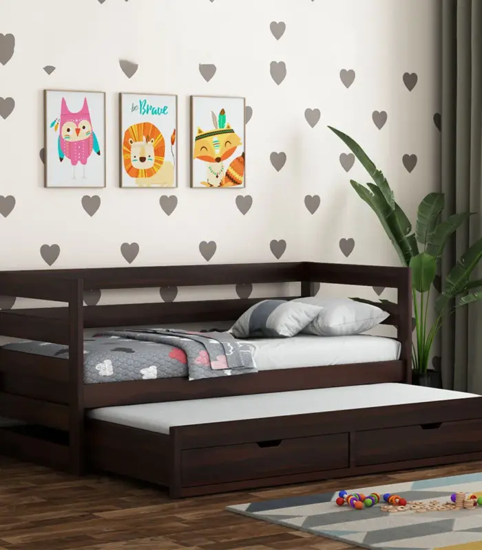 Slumbet Sheesham Wood Single Bed with Trundle Bed with Drawer Storage (Walnut Finish)