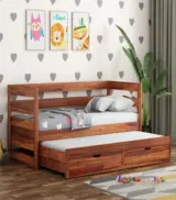 Slumbet Sheesham Wood Single Bed with Trundle Bed with Drawer Storage (Honey Finish)