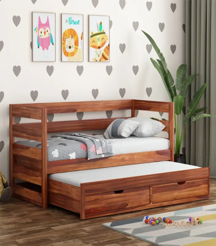 Slumbet Sheesham Wood Single Bed with Trundle Bed with Drawer Storage (Honey Finish)