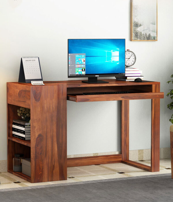Alkin Study Table with Keyboard Tray and Side Storage (Honey Finish)