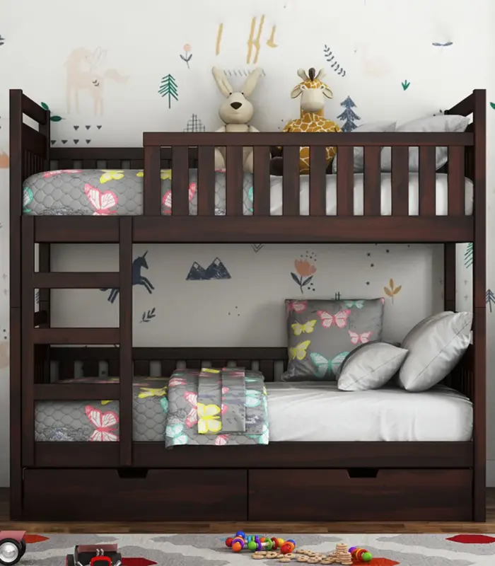 Doughlas Sheesham Wood Bunk Bed with Drawer Storage (Walnut Finish)