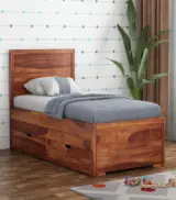 Geary Sheesham Wood Single Bed with Trundle Bed with Drawer Storage (Honey Finish)