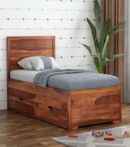 Geary Sheesham Wood Single Bed with Trundle Bed with Drawer Storage (Honey Finish)
