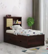 Enova Sheesham Wood Single Bed with Trundle Bed with Drawer Storage (Walnut Finish)