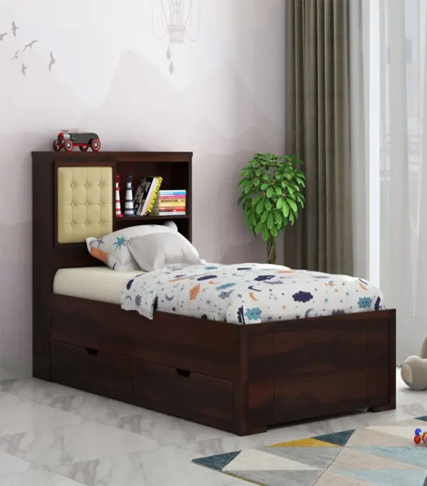 Enova Sheesham Wood Single Bed with Trundle Bed with Drawer Storage (Walnut Finish)