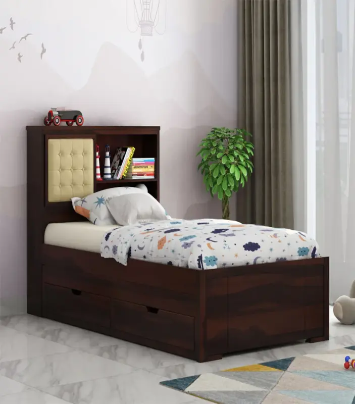 Enova Sheesham Wood Single Bed with Trundle Bed with Drawer Storage (Walnut Finish)