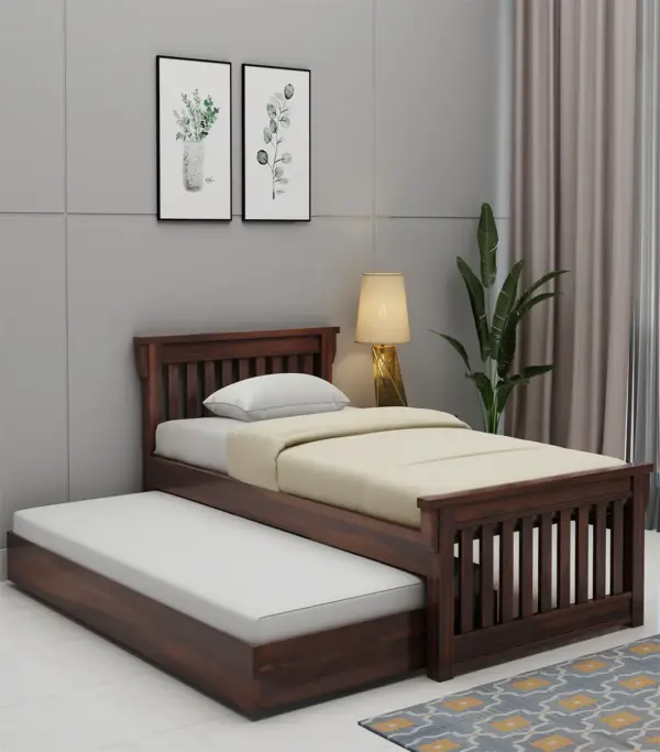 Cendra Sheesham Wood Single Bed with Trundle Bed (Walnut Finish)