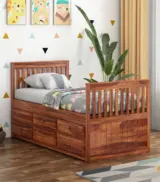 Pelar Sheesham Wood Single Bed with Trundle Bed with Drawer Storage (Honey Finish)