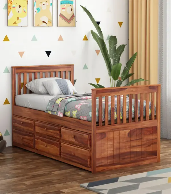 Pelar Sheesham Wood Single Bed with Trundle Bed with Drawer Storage (Honey Finish)