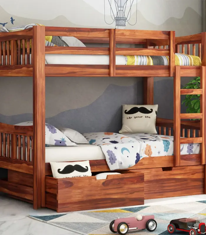 Beckry Sheesham Wood Bunk Bed with Drawer Storage (Honey Finish)