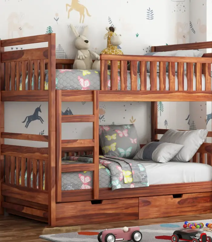 Doughlas Sheesham Wood Bunk Bed with Drawer Storage (Honey Finish)
