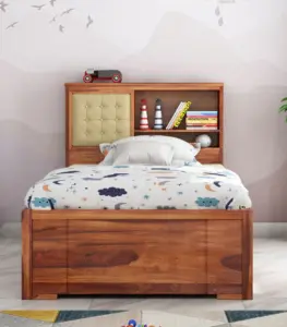 Enova Sheesham Wood Single Bed with Trundle Bed with Drawer Storage (Honey Finish)