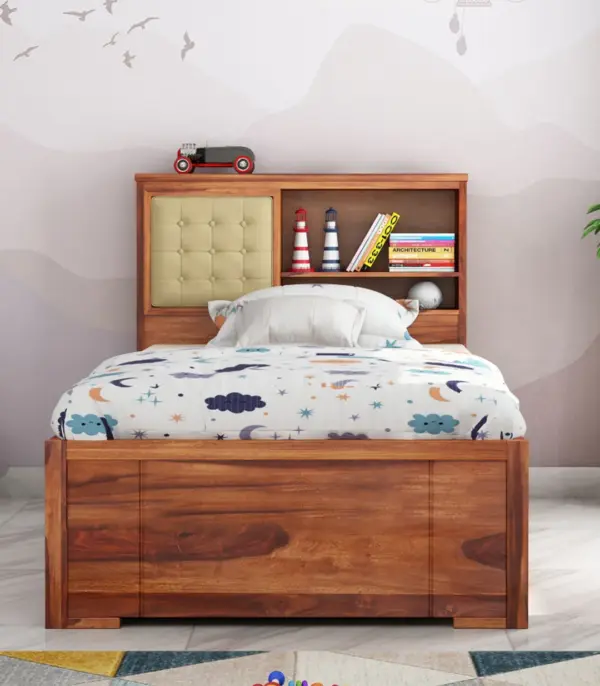 Enova Sheesham Wood Single Bed with Trundle Bed with Drawer Storage (Honey Finish)