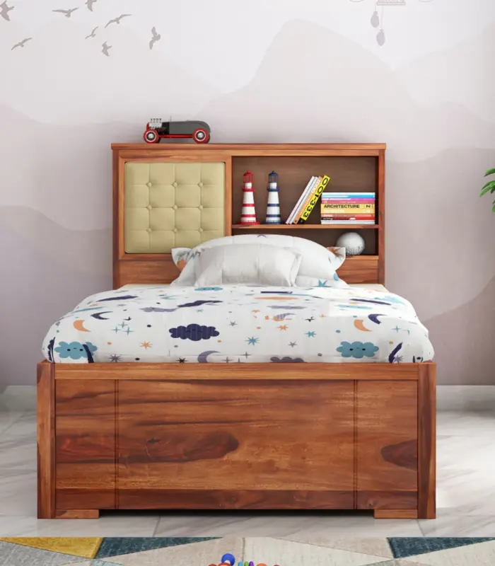 Enova Sheesham Wood Single Bed with Trundle Bed with Drawer Storage (Honey Finish)