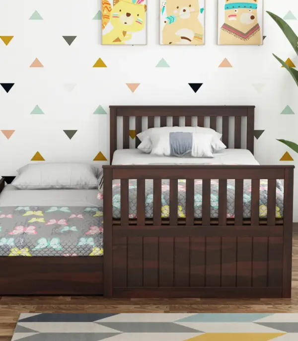 Pelar Sheesham Wood Single Bed with Trundle Bed with Drawer Storage (Walnut Finish)