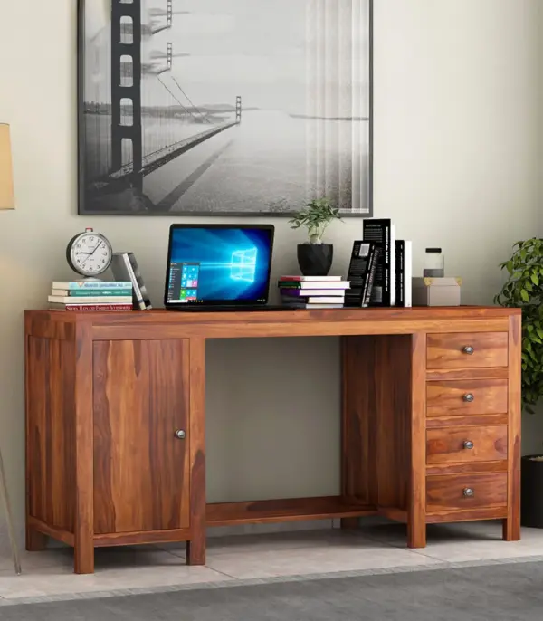 Bransom Sheesham Wood Computer Table with Four Drawers and Cabinet (Honey Finish)