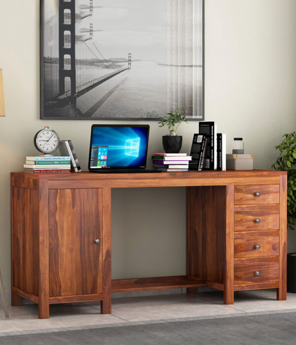 Brason Sheesham Wood Study Table with Four Drawers & Cabinet (Honey Finish)