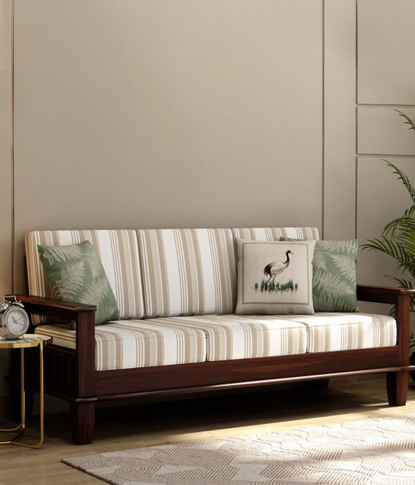 Quartz Printed Fabric Wooden Sofa Set (Walnut Cream Stripe)