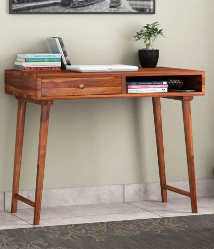 Lynton Study Table with Drawer and Open Storage (Honey Finish)