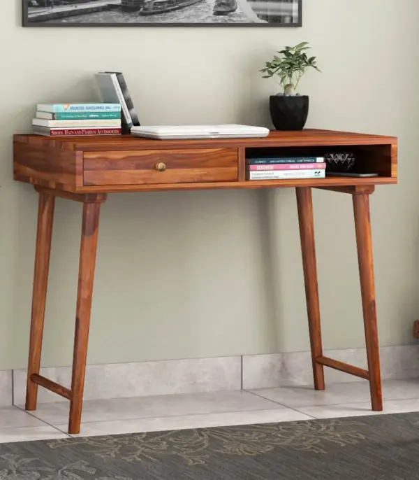 Lyntain Sheesham Wood Computer Table with Drawer and Open Storage (Honey Finish)