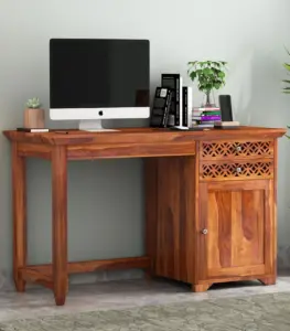 Clambrey Sheesham Wood Computer Table with Two Drawers and Cabinet (Honey Finish)