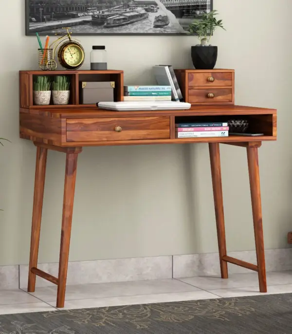 Lyntain Sheesham Wood Computer Table with Table-Top Open and Drawer Storage (Honey Finish)