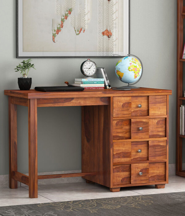 Travis Sheesham Wood Study Table with Four Drawers (Honey Finish)