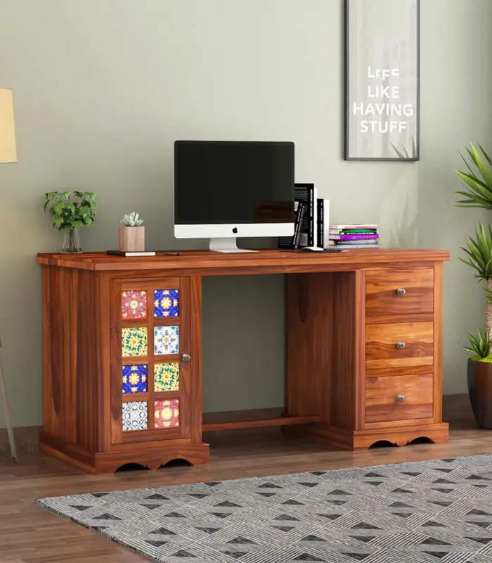 Roko Sheesham Wood Computer Table with Three Drawers and Cabinet (Honey Finish)