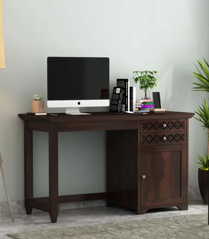 Clambrey Sheesham Wood Computer Table with Two Drawers and Cabinet (Walnut Finish)