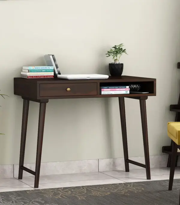 Lyntain Sheesham Wood Computer Table with Drawer and Open Storage (Walnut Finish)