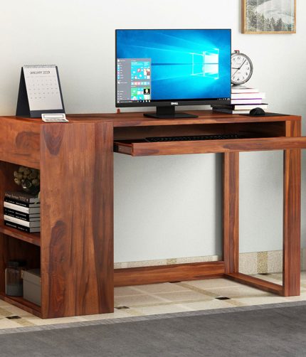 Alkin Study Table with Keyboard Tray and Side Storage (Honey Finish)