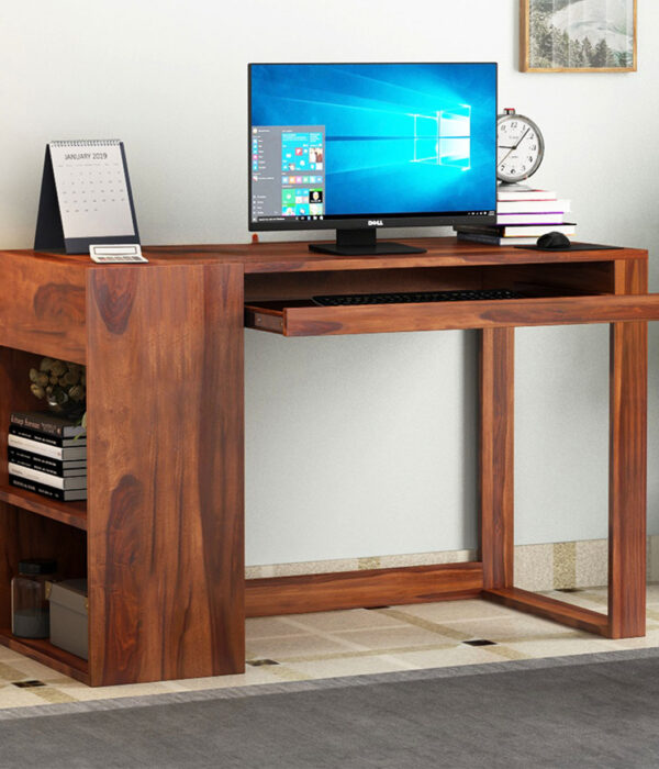 Alkin Study Table with Keyboard Tray and Side Storage (Honey Finish)