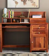 Nettile Sheesham Wood Computer Table Cum Shelf with Storage and Keyboard Tray (Honey Finish)