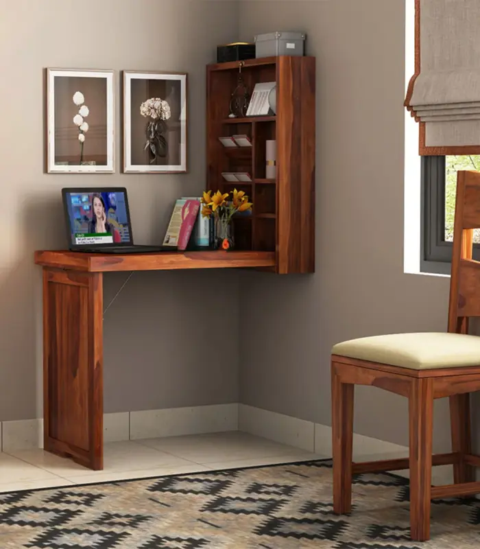 Volger Sheesham Wood Foldable Wall Mounted Table with Storage (Honey Finish)