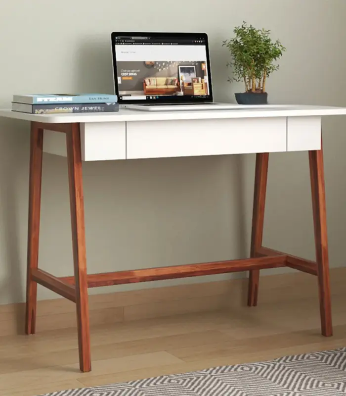 Ambros Sheesham Wood Computer Table with Frosty White Drawer (Honey Finish)