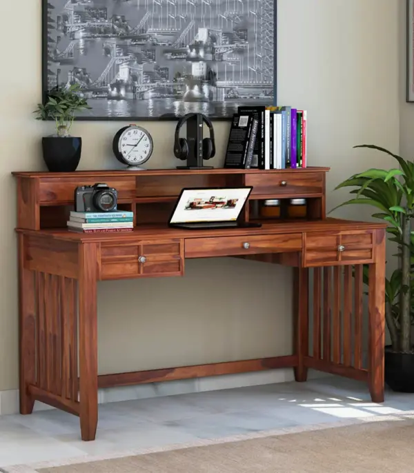 Wellace Sheesham Wood Computer Table with Drawer Storage (Honey Finish)