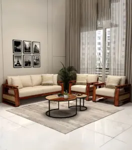 Medic Sheesham Wood Sofa Set with 3+1+1 Seating Cane and Brass Detailing (Honey Finish)