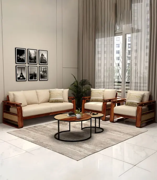 Medic Sheesham Wood Sofa Set with 3+1+1 Seating Cane and Brass Detailing (Honey Finish)