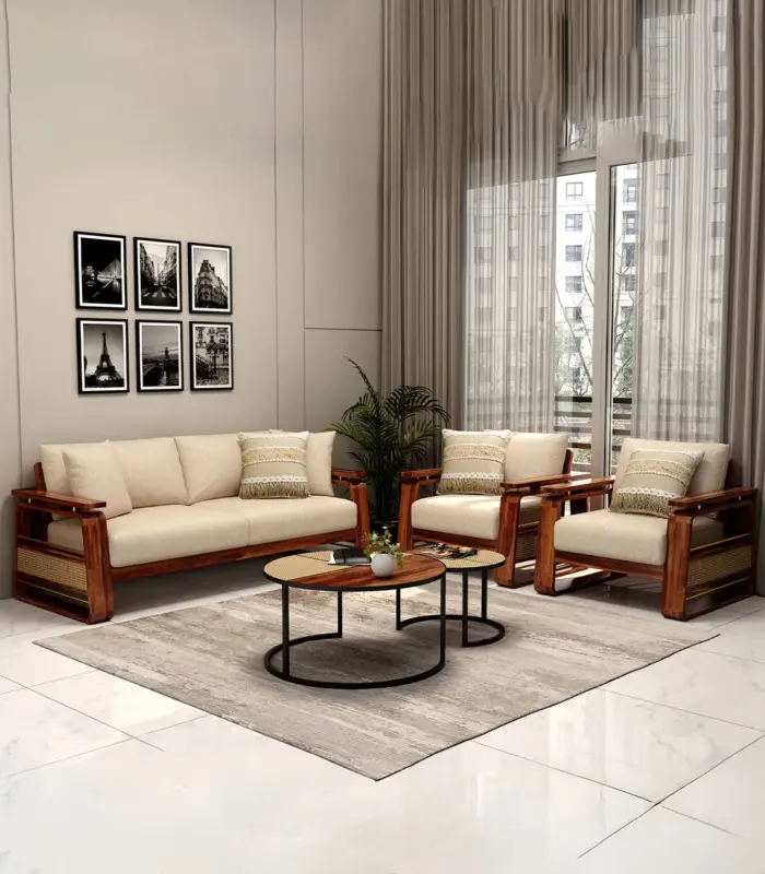 Medic Sheesham Wood Sofa Set with 3+1+1 Seating Cane and Brass Detailing (Honey Finish)