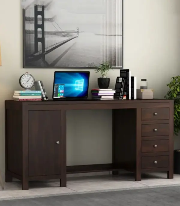 Bransom Sheesham Wood Computer Table with Four Drawers and Cabinet (Walnut Finish)
