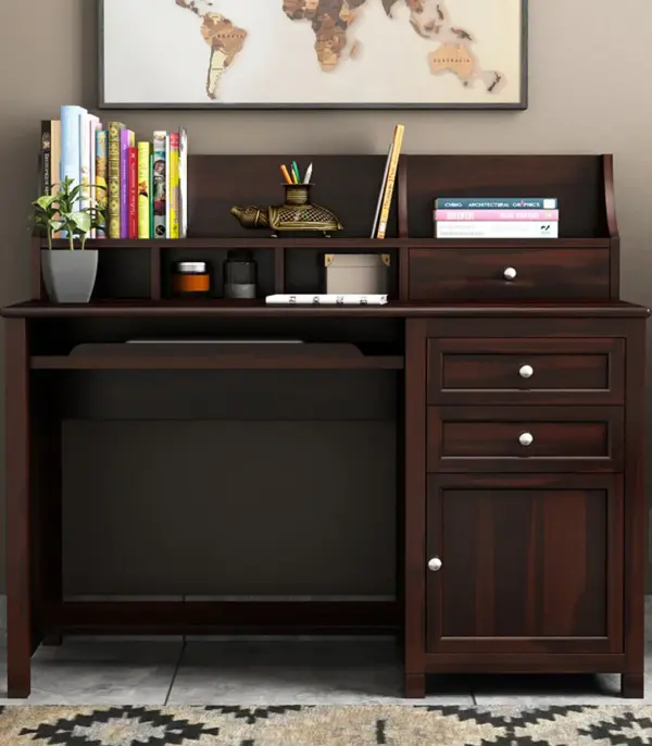 Nettile Sheesham Wood Computer Table Cum Shelf with Storage and Keyboard Tray (Walnut Finish)